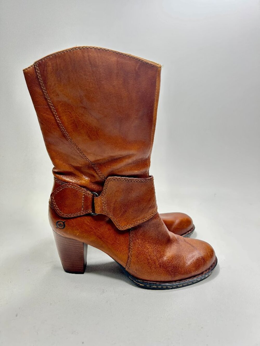 BORN Stacked Heel Mid Calf Boots sz 9 Leather Harness Brown Excellent